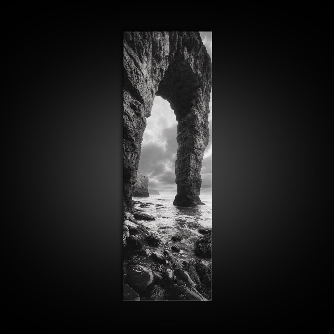 Sea Arch, Coastal Rocks, Ocean Waves, Dramatic Sky, Framed Canvas Print, Coastal Wall Art, Minimalist Beach House Decor, Bedroom Artwork