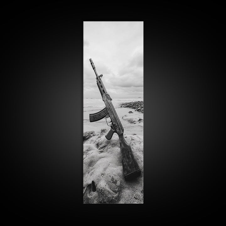 War Relic, AK Rifle, Surreal Beach Scene, Framed Canvas Print, Bold Statement Art, Bachelor Pad or Office Decor, Rustic Industrial Style