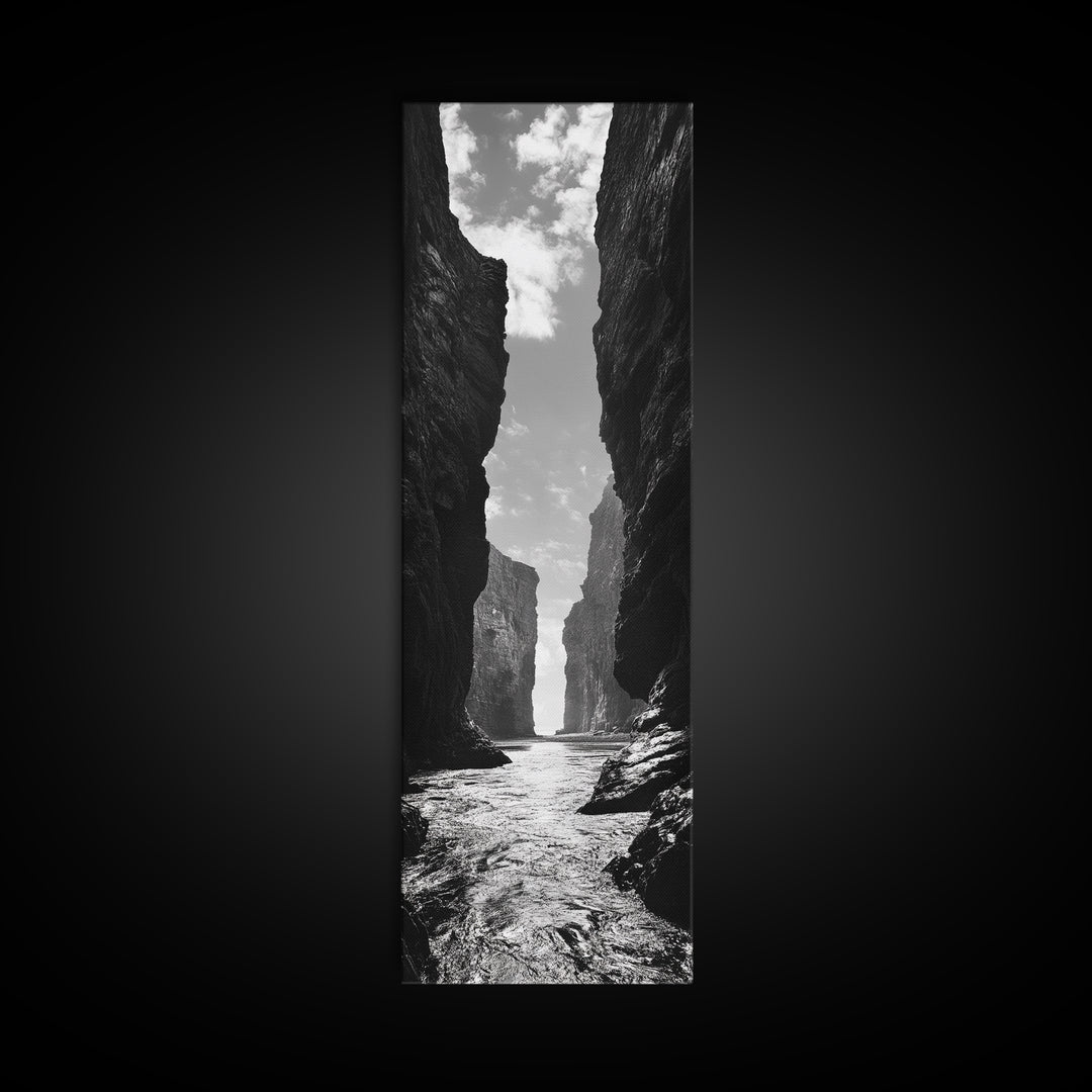 Coastal Canyon, Ocean Passage, Black White Art, Vertical Nature Scene, Framed Canvas Print Entryway Wall Art, Landscape Minimalist Decor