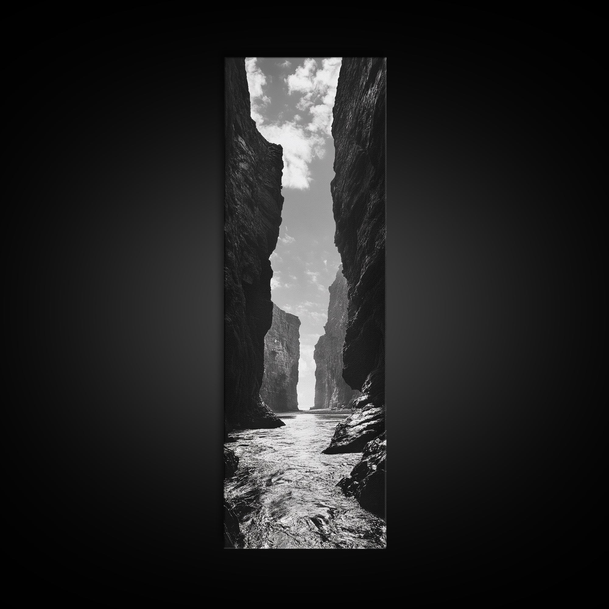 Coastal Canyon, Ocean Passage, Black White Art, Vertical Nature Scene, Framed Canvas Print Entryway Wall Art, Landscape Minimalist Decor