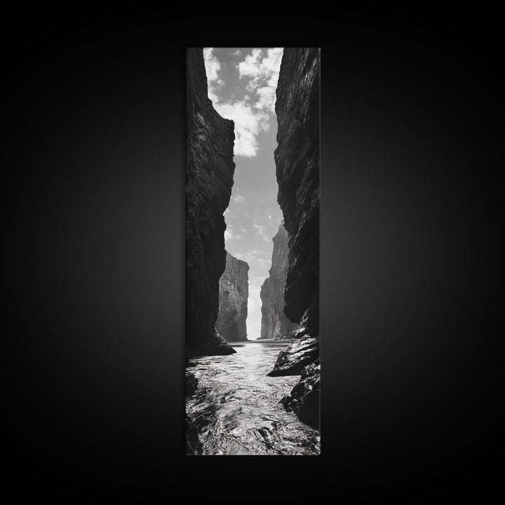 Coastal Canyon, Ocean Passage, Black White Art, Vertical Nature Scene, Framed Canvas Print Entryway Wall Art, Landscape Minimalist Decor