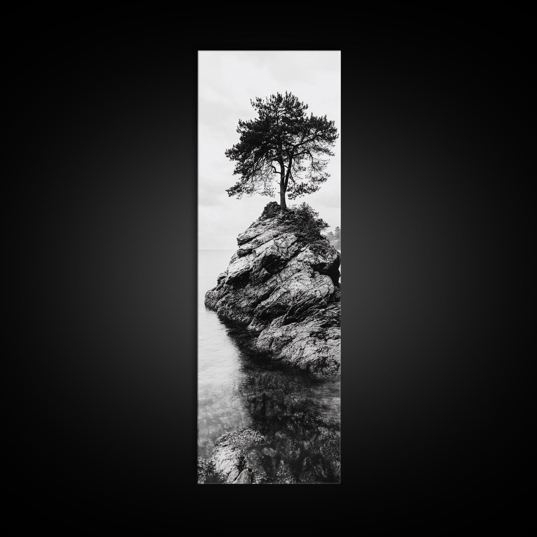 Lone Tree, Rock Island, Tranquil Coast, Nature Strength, Framed Canvas Print Cabin Wall Art, Minimalist Tree Print, Nordic Nature Living Room Decor