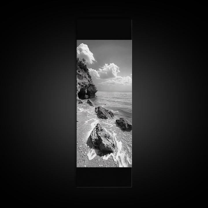 Rocky Beach, Calm Water, Summer Shore, Black White Coastal View, Framed Canvas Print Beach Wall Art, Nature Decor, Coastal Bathroom Style