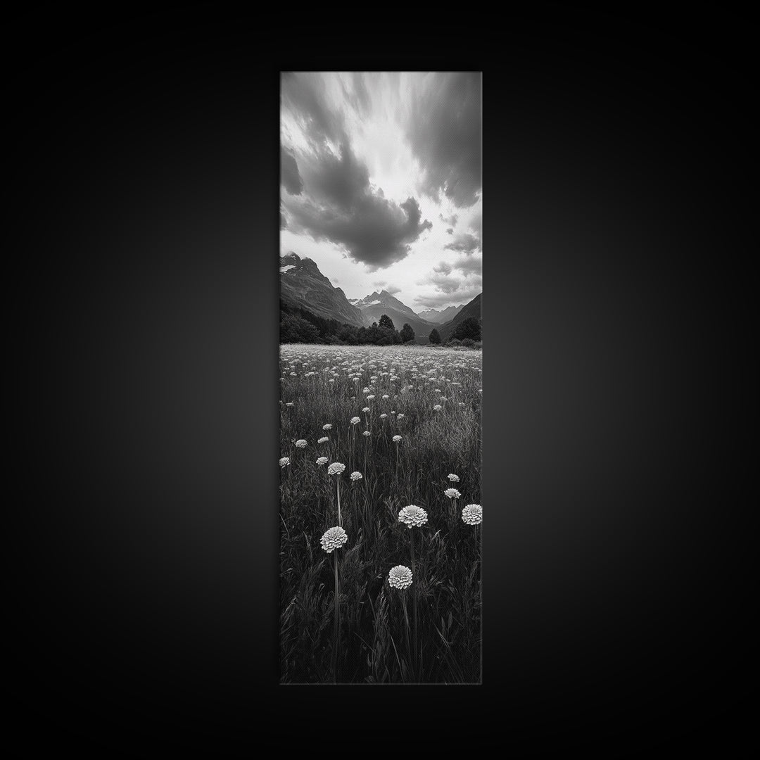 Wildflower Field, Alpine Meadow, Mountain Backdrop, Nature Print, Serene View, Framed Canvas Print, Living Room Wall Art, Rustic Farmhouse Decor