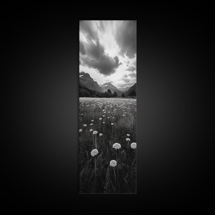 Wildflower Field, Alpine Meadow, Mountain Backdrop, Nature Print, Serene View, Framed Canvas Print, Living Room Wall Art, Rustic Farmhouse Decor