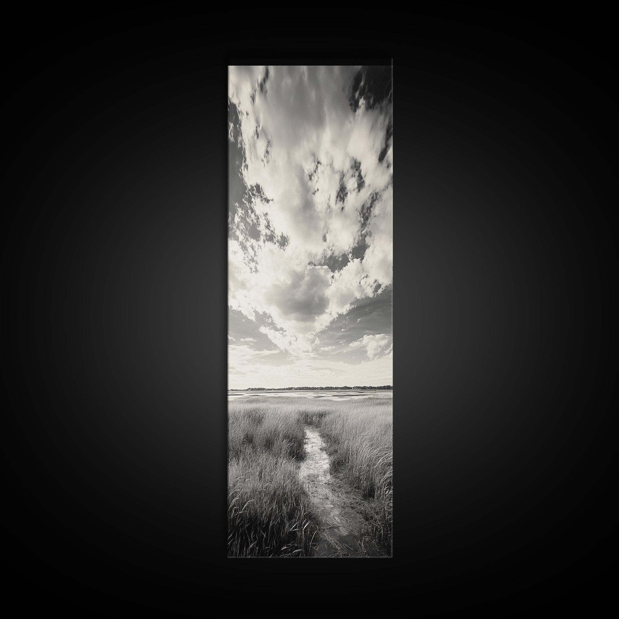 Marshland Pathway, Coastal Grassland Art, Nature Wall Decor, Calm Landscape Style, Framed Canvas Print, Neutral Tones Minimalist