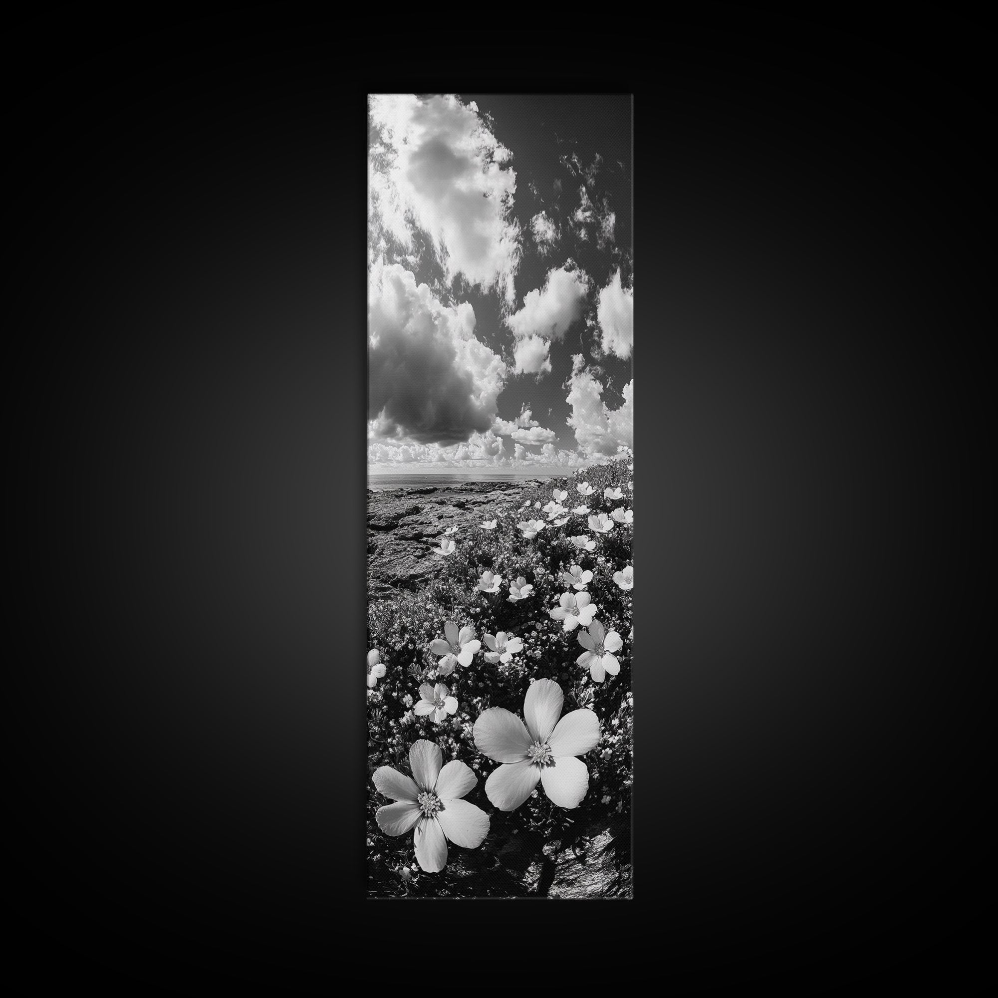 Ocean Flowers Art, Coastal Wildflower Print, Nature Boho Aesthetic, Beach House Wall Style, Framed Canvas Print, Moody Seaside Decor