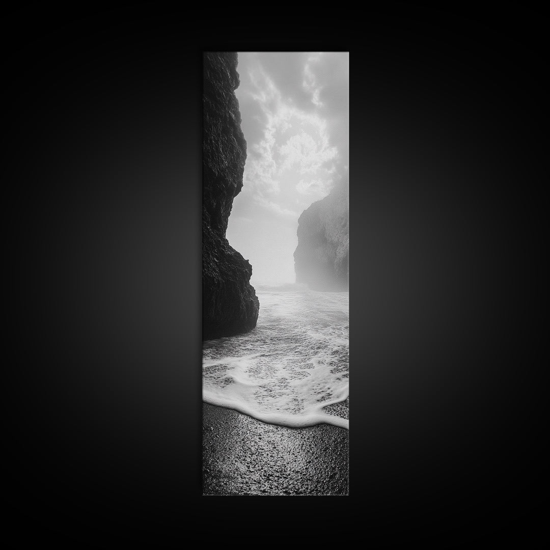 Coastal Rocks, Ocean Mist, Dreamy Seascape, Monochrome Coastline, Nature Photography Canvas Print, Moody Living Room Wall Art