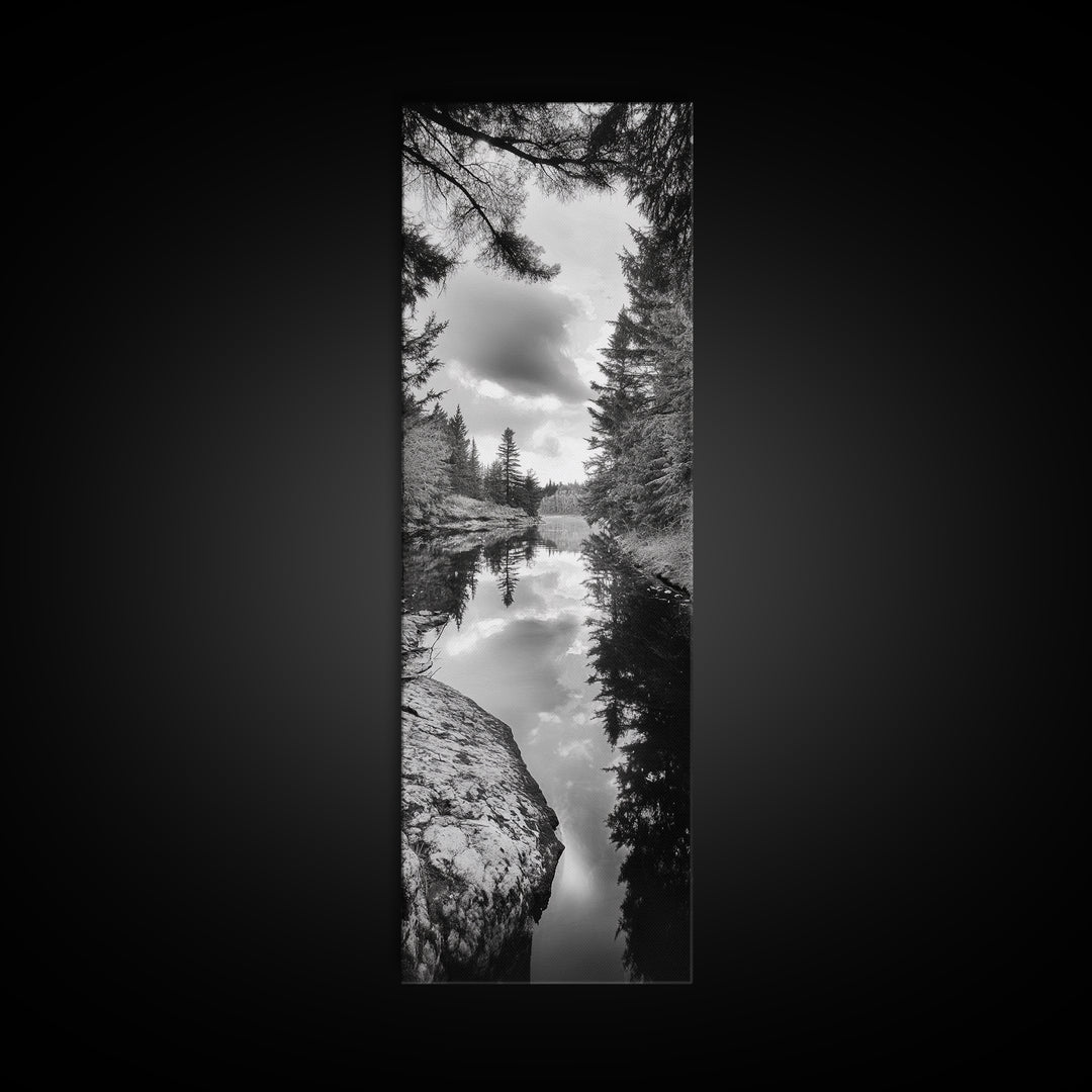Forest Reflection, Lake Stillness, Tranquil Pines, Nature Calm, Black and White Canvas Print, Bedroom Wall Art, Cabin Vibes