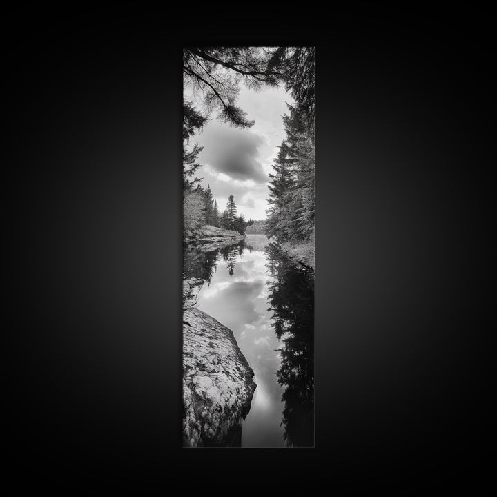 Forest Reflection, Lake Stillness, Tranquil Pines, Nature Calm, Black and White Canvas Print, Bedroom Wall Art, Cabin Vibes