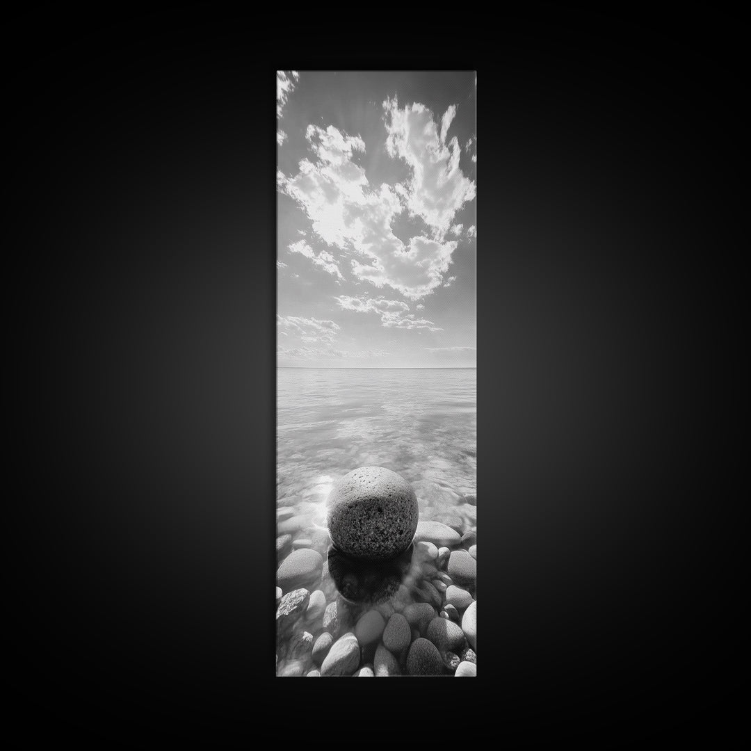 Zen Stone, Calm Waters, Smooth Pebbles, Framed Canvas Print, Spa Wall Art, Minimalist Bathroom Decor, Tranquil Home Accent