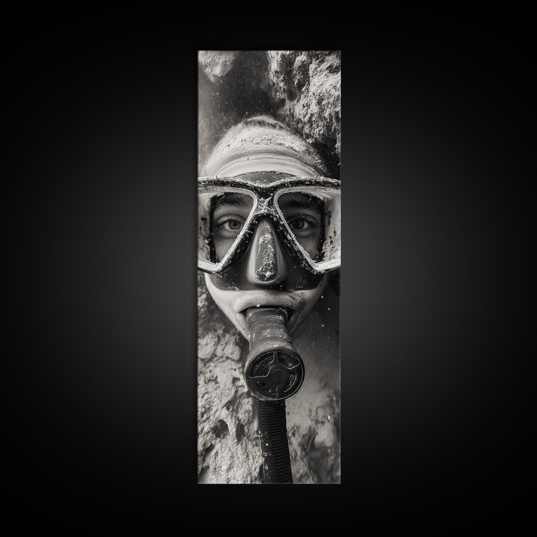 Diver Portrait, Underwater View, Close-Up Eyes, Canvas Print, Adventure Wall Art, Scuba Diving Decor, Unique Bathroom Art, Monochrome Style