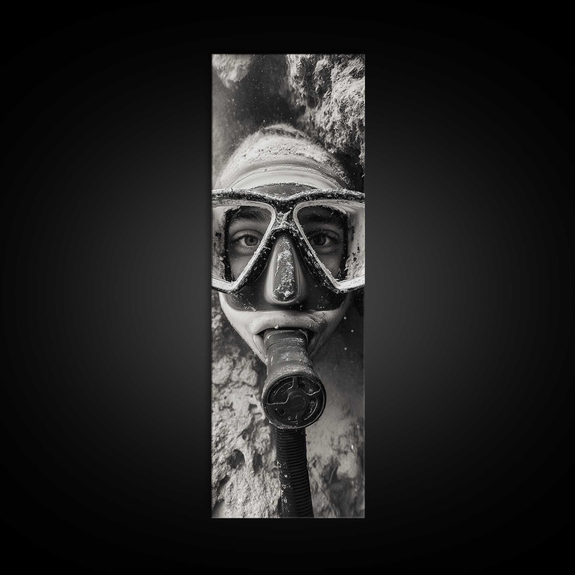 Diver Portrait, Underwater View, Close-Up Eyes, Canvas Print, Adventure Wall Art, Scuba Diving Decor, Unique Bathroom Art, Monochrome Style