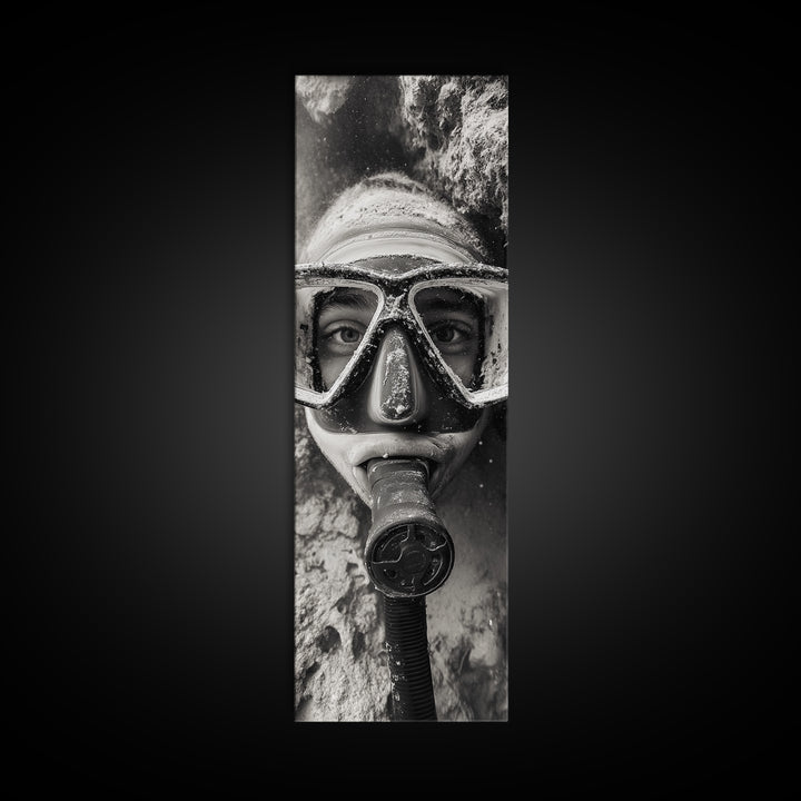Diver Portrait, Underwater View, Close-Up Eyes, Canvas Print, Adventure Wall Art, Scuba Diving Decor, Unique Bathroom Art, Monochrome Style