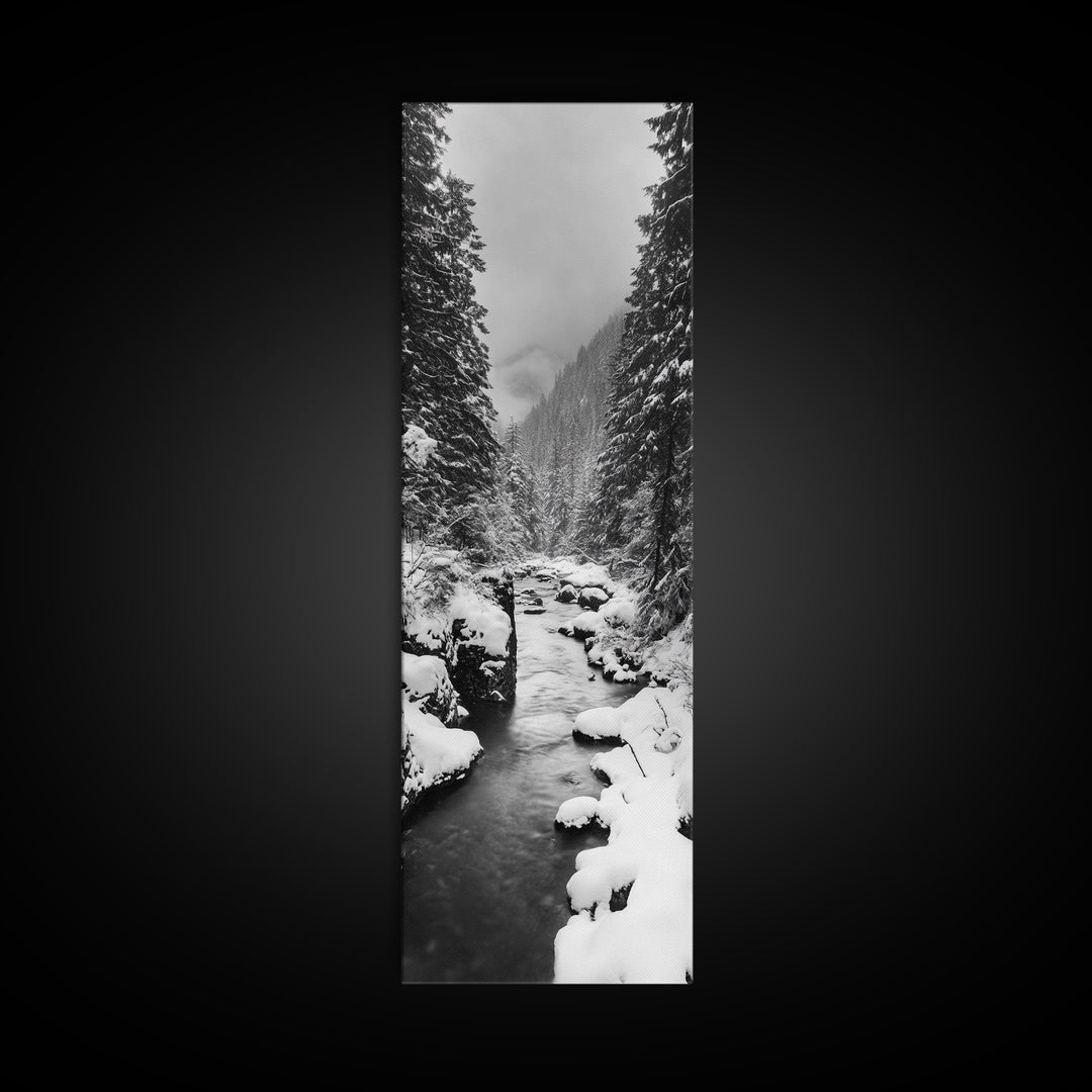 Winter Forest, Snowy River, Pine Trees, Canvas Print, Cozy Cabin Wall Art, Nature Lover Gift, Scandinavian Style, Holiday Decor, Bedroom Decor