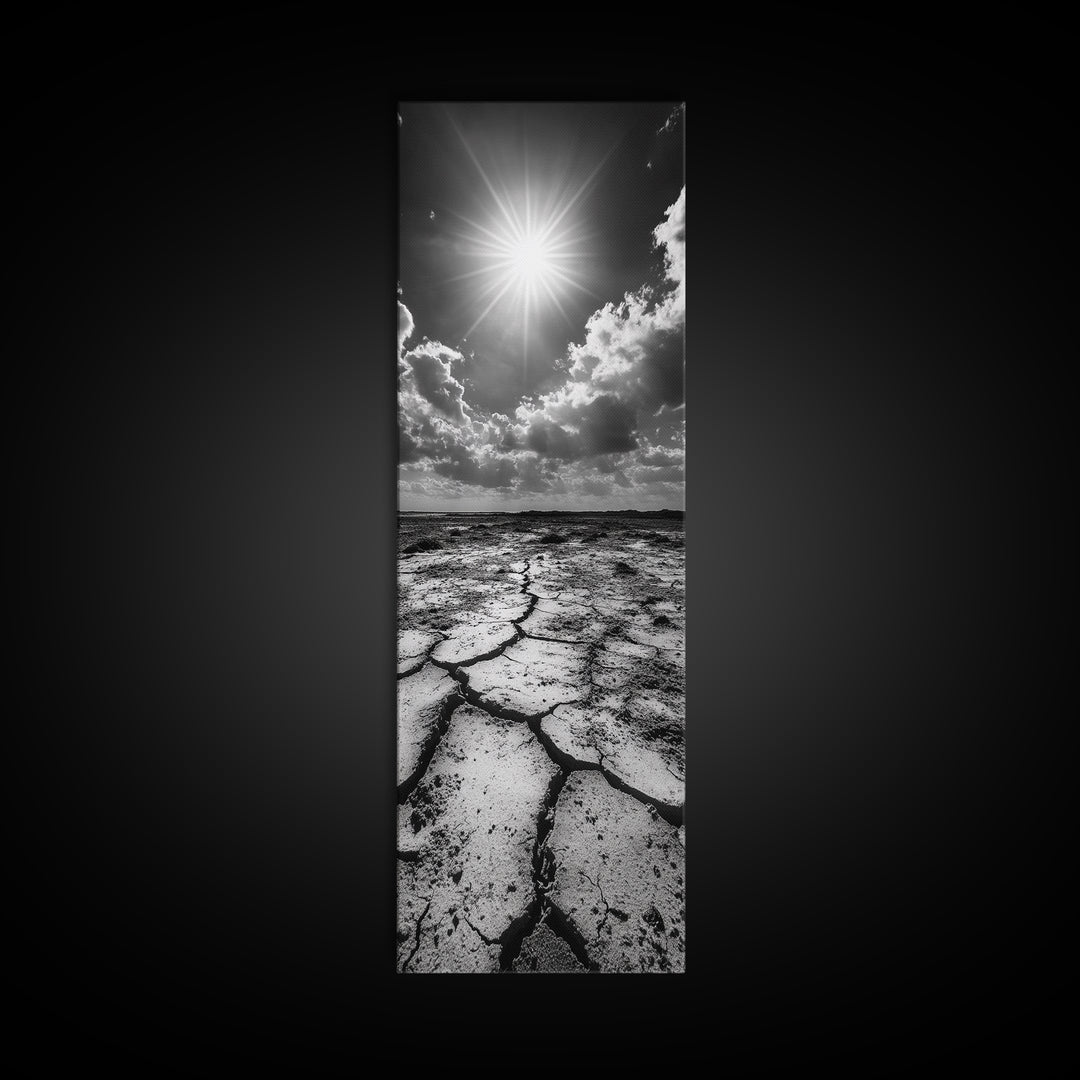 Cracked Earth, Sunburst Sky, Natural Texture, Desert Landscape, Framed Canvas Print, Rustic Decor, Earth Tone Art, Office Wall Art