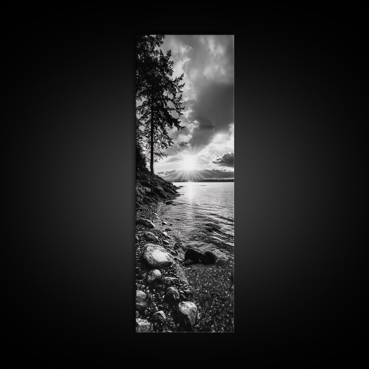 Tree Shoreline, Tranquil Water, Sunset Reflection, Peaceful Horizon, Framed Canvas Print, Nature Photography, Cabin Wall Art