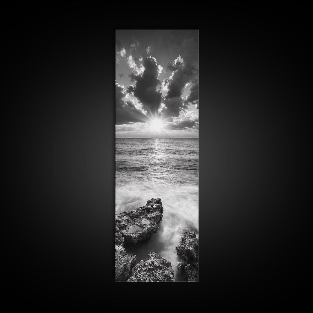 Rocky Sea, Glowing Horizon, Soft Waves, Twilight Sky, Canvas Print, Coastal Art, Living Room Wall Art, Seaside Modern Decor