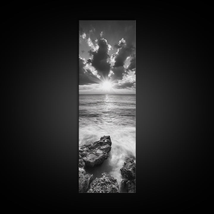 Rocky Sea, Glowing Horizon, Soft Waves, Twilight Sky, Canvas Print, Coastal Art, Living Room Wall Art, Seaside Modern Decor