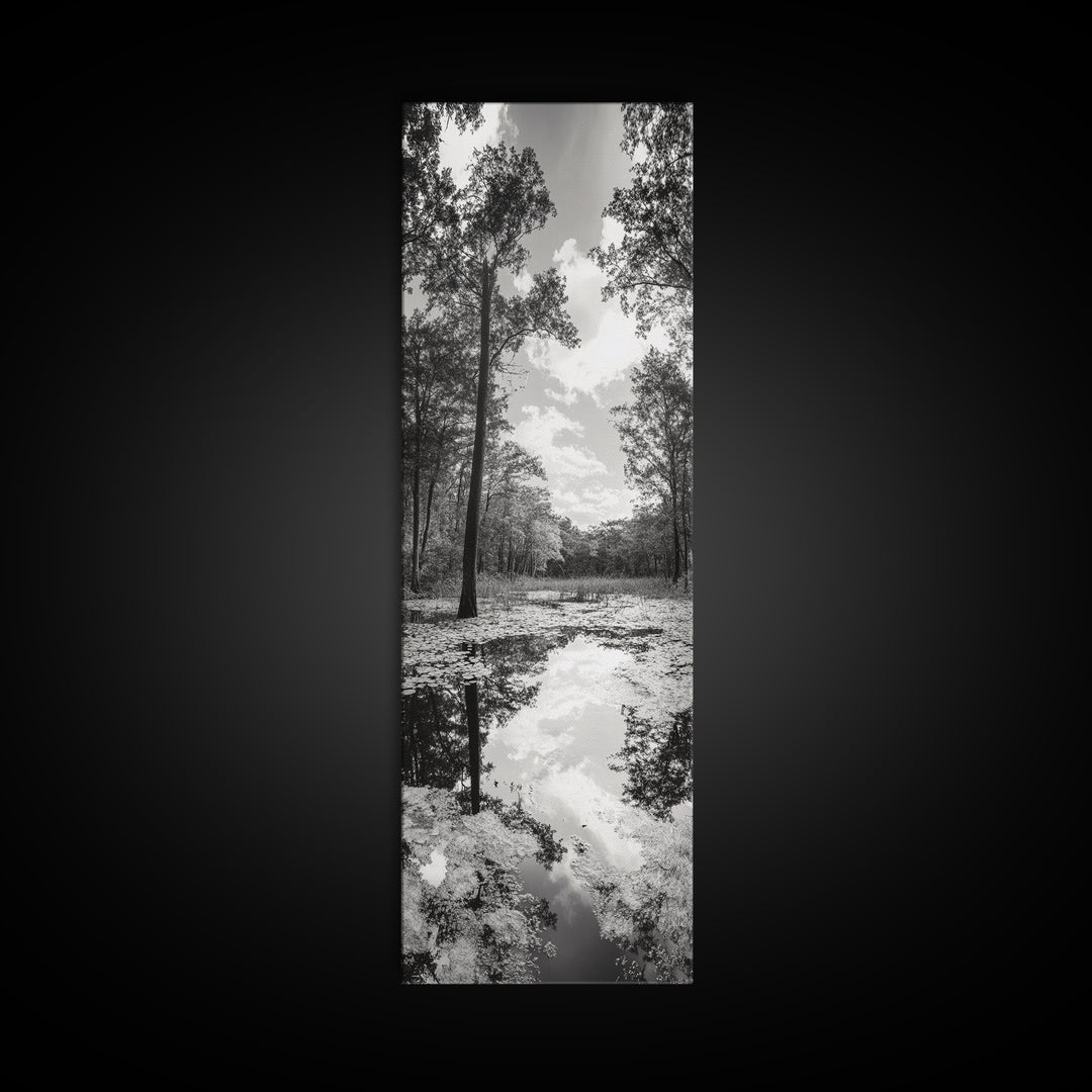 Reflective Forest, Nature Calm, Monochrome Trees, Peaceful Swamp, Framed Canvas Print, Rustic Cabin Decor, Moody Wall Art, Entryway Print