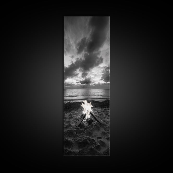 Campfire Glow Dusk, Beach Bonfire, Ocean Sunset Flame, Cozy Evening Mood, Framed Canvas Print, Fall Wall Art, Cabin Living Room Decor
