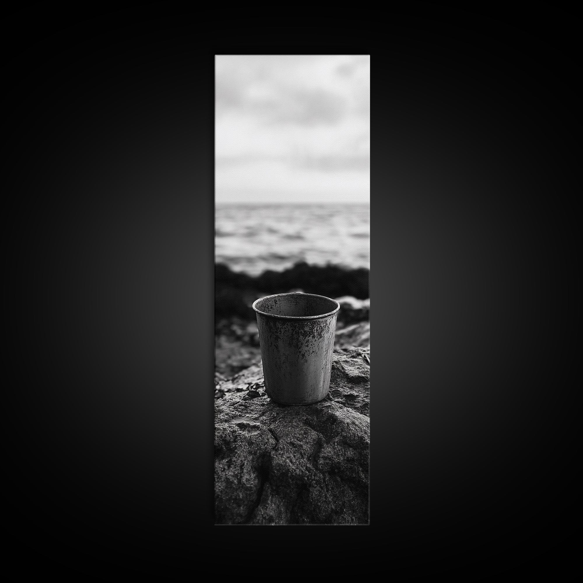 Metal Cup, Shoreline Still Life, Rustic Seaside, Canvas Print, Vintage Aesthetic, Coastal Kitchen Wall Art, Minimal Beach Mood