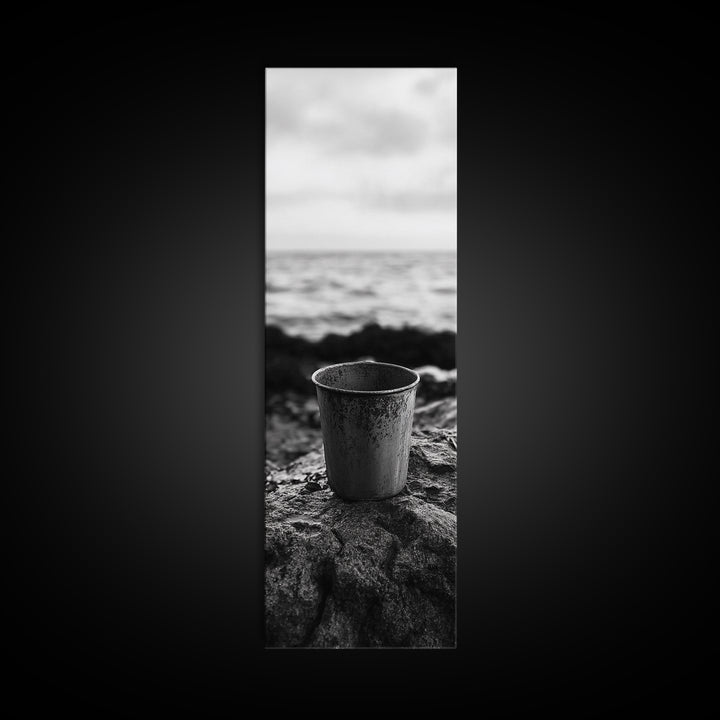 Metal Cup, Shoreline Still Life, Rustic Seaside, Canvas Print, Vintage Aesthetic, Coastal Kitchen Wall Art, Minimal Beach Mood