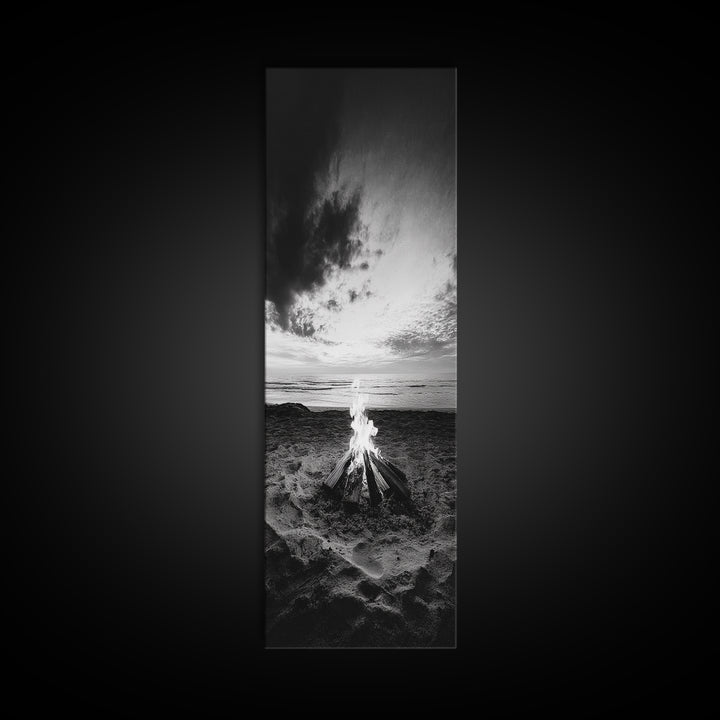 Peaceful Beach Fire, Twilight Shore, Ocean Ember, Tranquil Seascape, Framed Canvas Print, Autumn Wall Art, Rustic Nature Room Decor