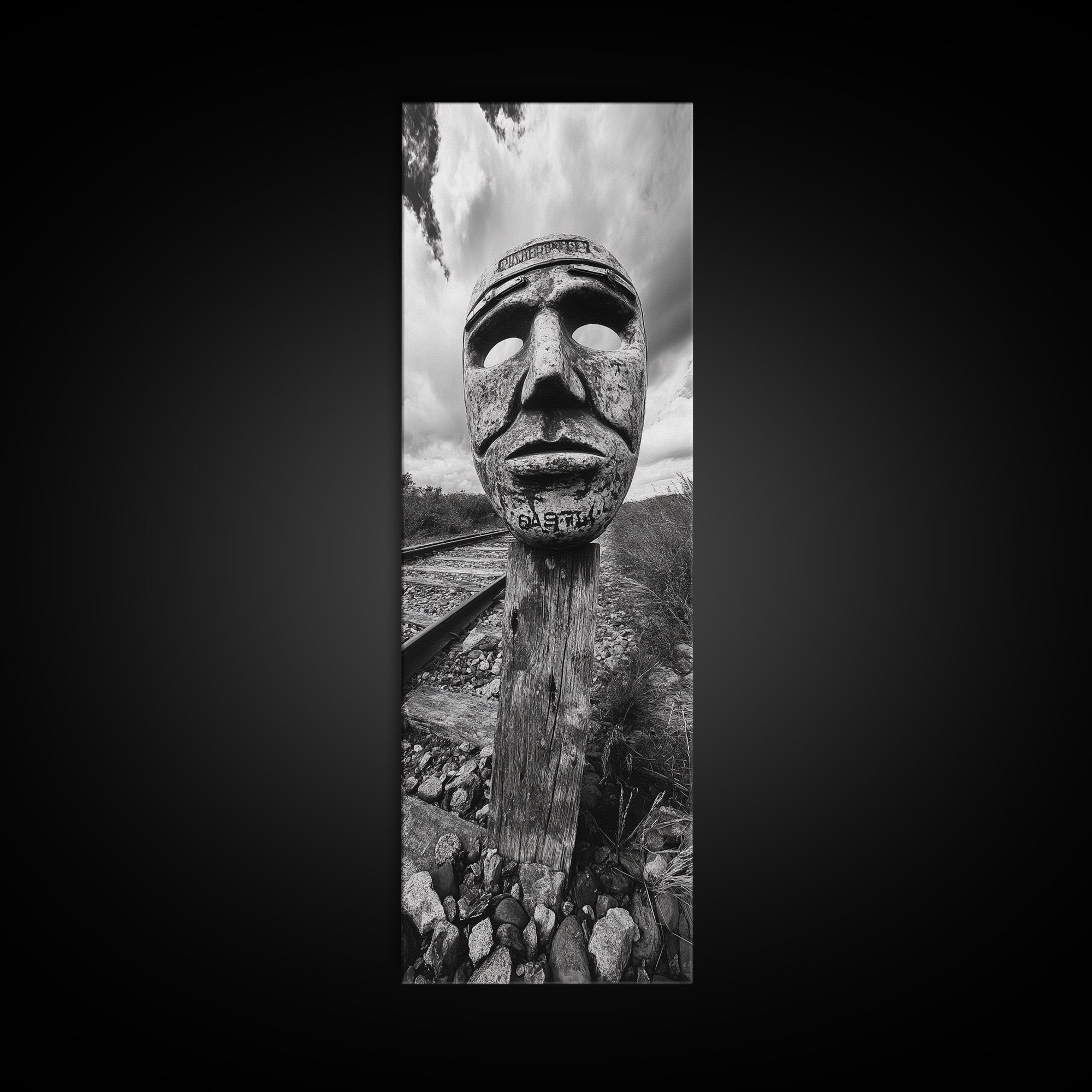Tribal Mask, Railway Art, Abstract Face, Canvas Print, Surreal Wall Art, Eclectic Living Room Decor, Boho Urban Art, Monochrome Photography