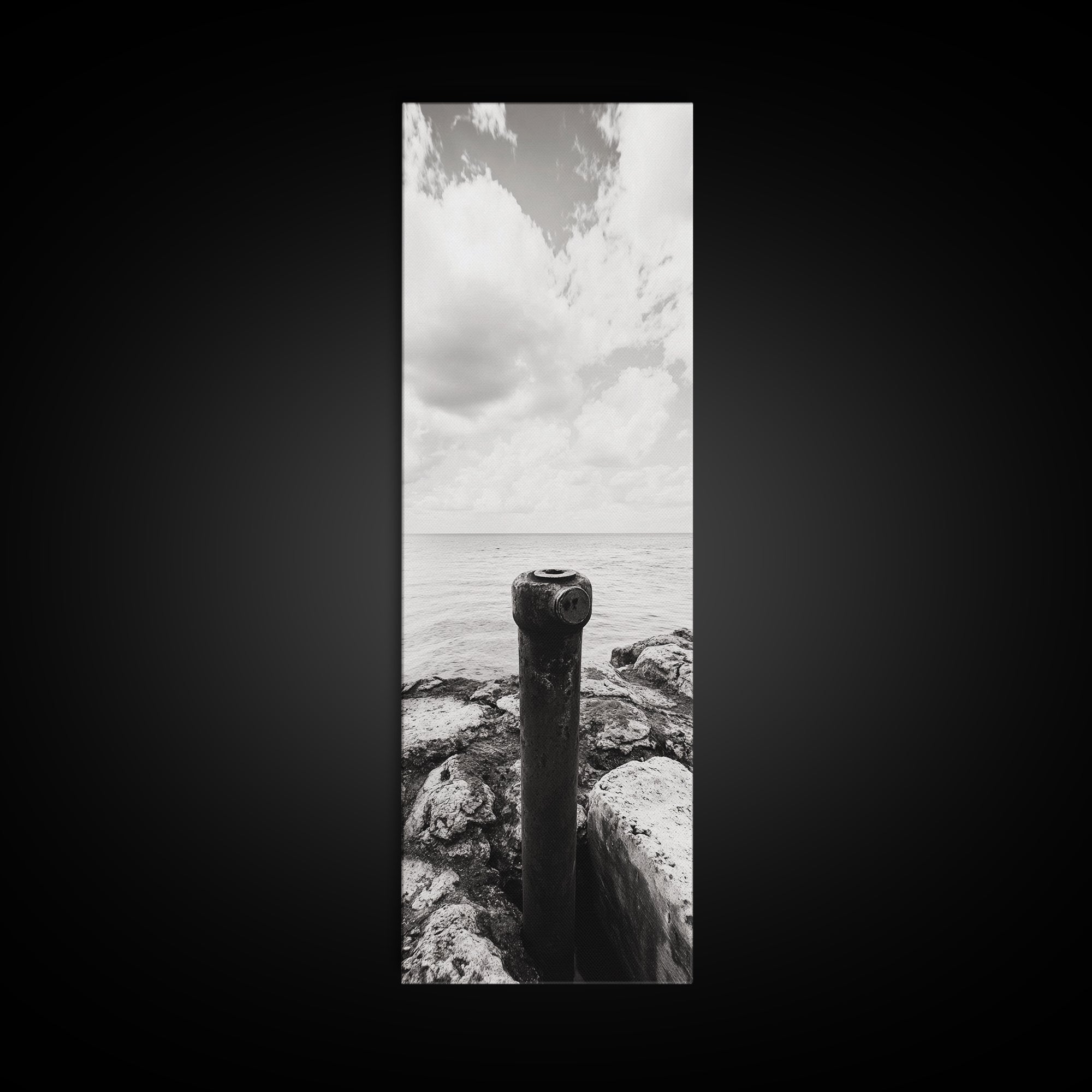 Coastal Pipe, Ocean View, Rusted Metal, Framed Canvas Print, Industrial Nautical Art, Bathroom Wall Decor, Minimal Seaside Landscape