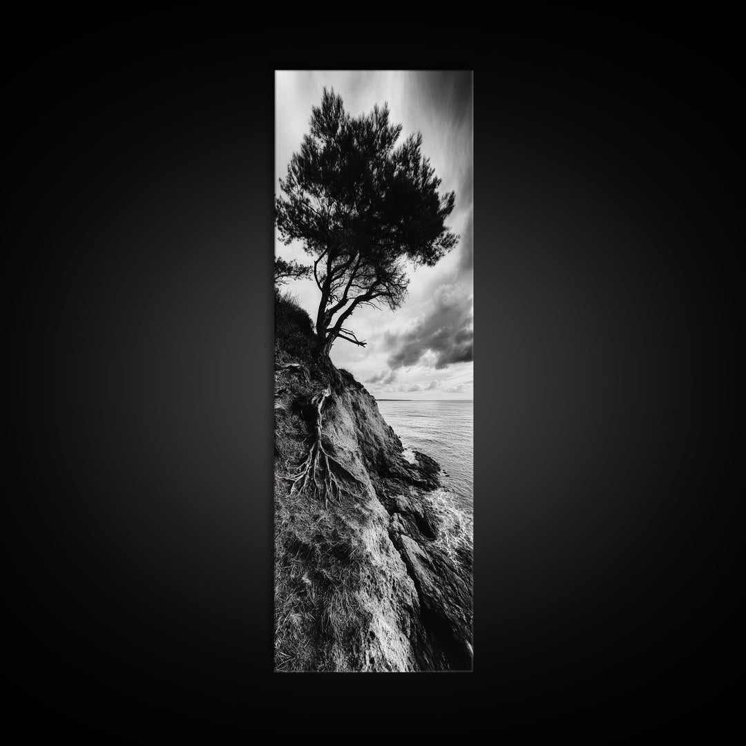Cliff Tree, Coastal Roots, Dramatic Landscape, Framed Canvas Print, Bold Nature Wall Art, Modern Black And White Decor, Fall Office Accent