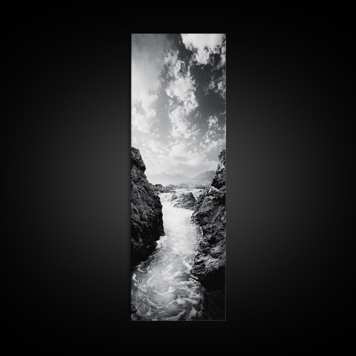 Waterfall Rocks, Mountain Mist, River Flow, Canvas Print, Black And White Landscape Art, Nature Bedroom Decor, Zen Retreat Wall Piece