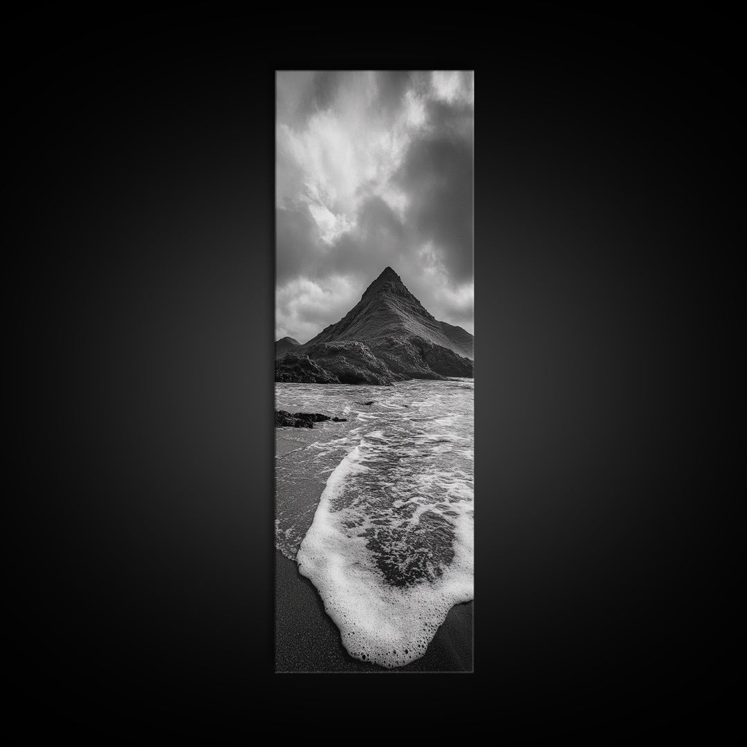 Dramatic Seaside Peak, Coastal Mountain Wall Art, Black Beach Photography, Bold Nature Decor, Canvas Print, Living Room Art