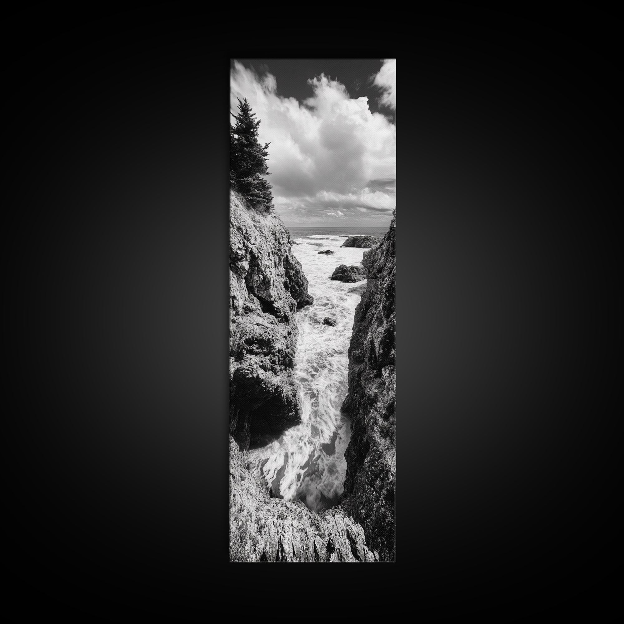 Coastal Cliff Waves, Rugged Seaside Art, Ocean Rock Photography, Bold Nature Wall Decor, Modern Bathroom Accent, Canvas Print