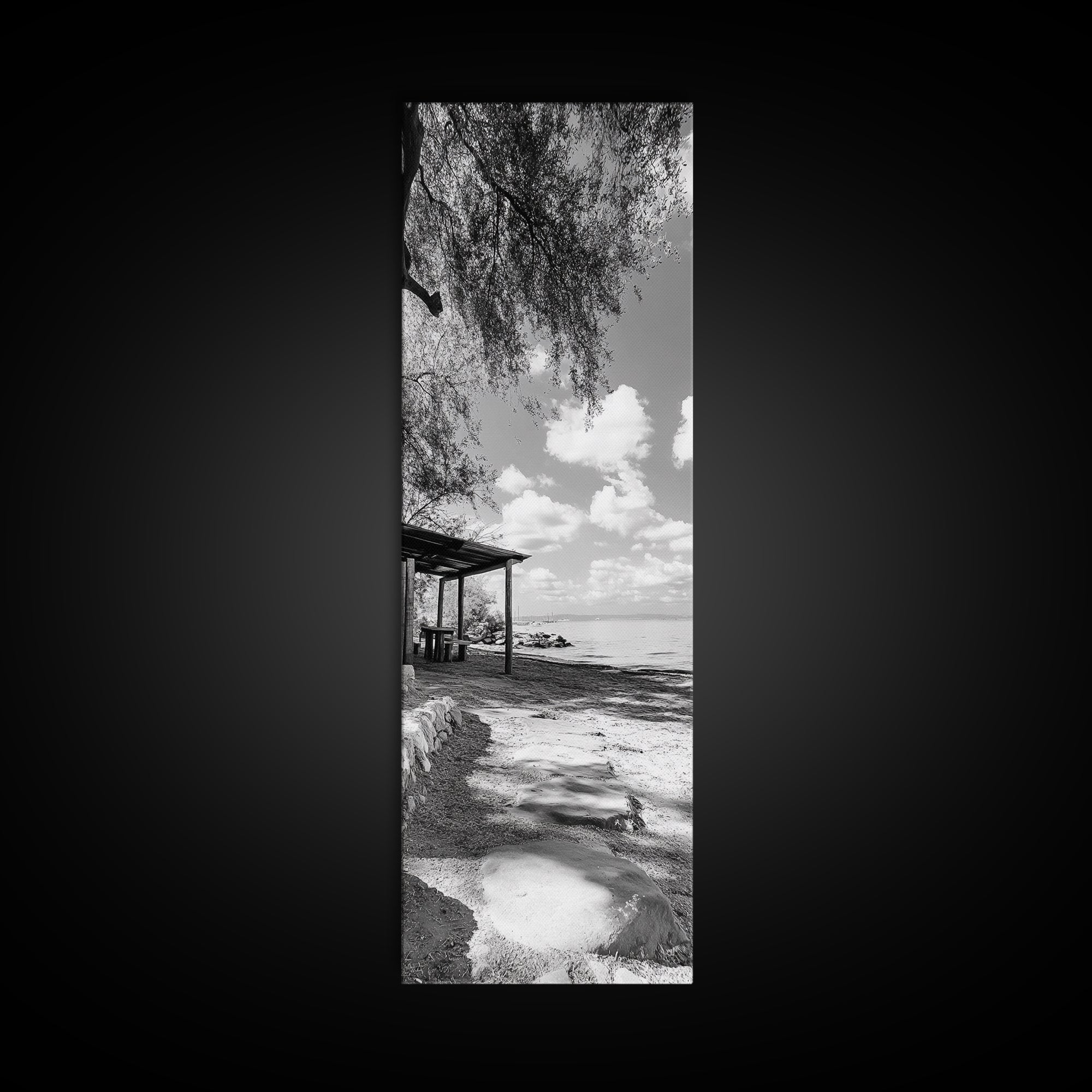 Coastal Bench, Ocean Peace, Nature Retreat, Minimal Landscape, Canvas Print, Zen Wall Art, Bedroom or Entryway Decor, Calm Beach Scene