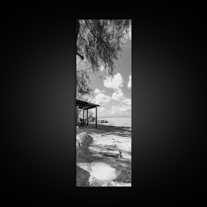 Coastal Bench, Ocean Peace, Nature Retreat, Minimal Landscape, Canvas Print, Zen Wall Art, Bedroom or Entryway Decor, Calm Beach Scene