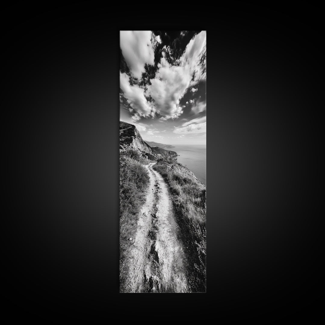 Cliffside Trail View, Path to Sea, Mountain Landscape, Framed Canvas Print, Wanderlust Decor, Office Wall Art, Adventure Travel Aesthetic