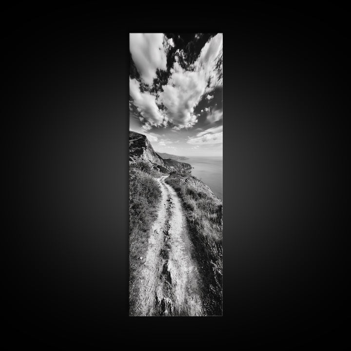 Cliffside Trail View, Path to Sea, Mountain Landscape, Framed Canvas Print, Wanderlust Decor, Office Wall Art, Adventure Travel Aesthetic