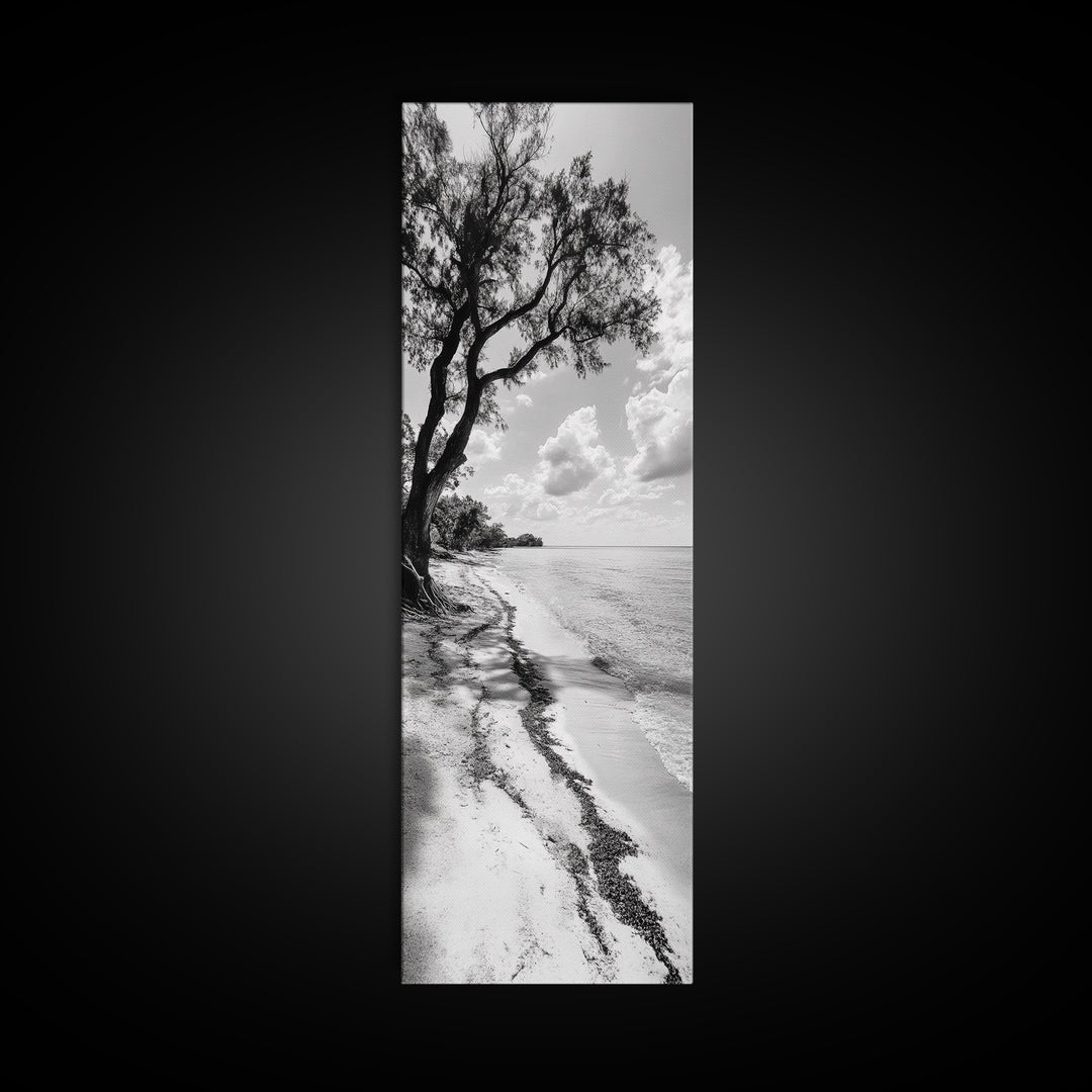 Serene Beach Tree, Calm Ocean Coast, Black White Shoreline, Framed Canvas Print, Coastal Entryway Decor, Minimal Nature Wall Art