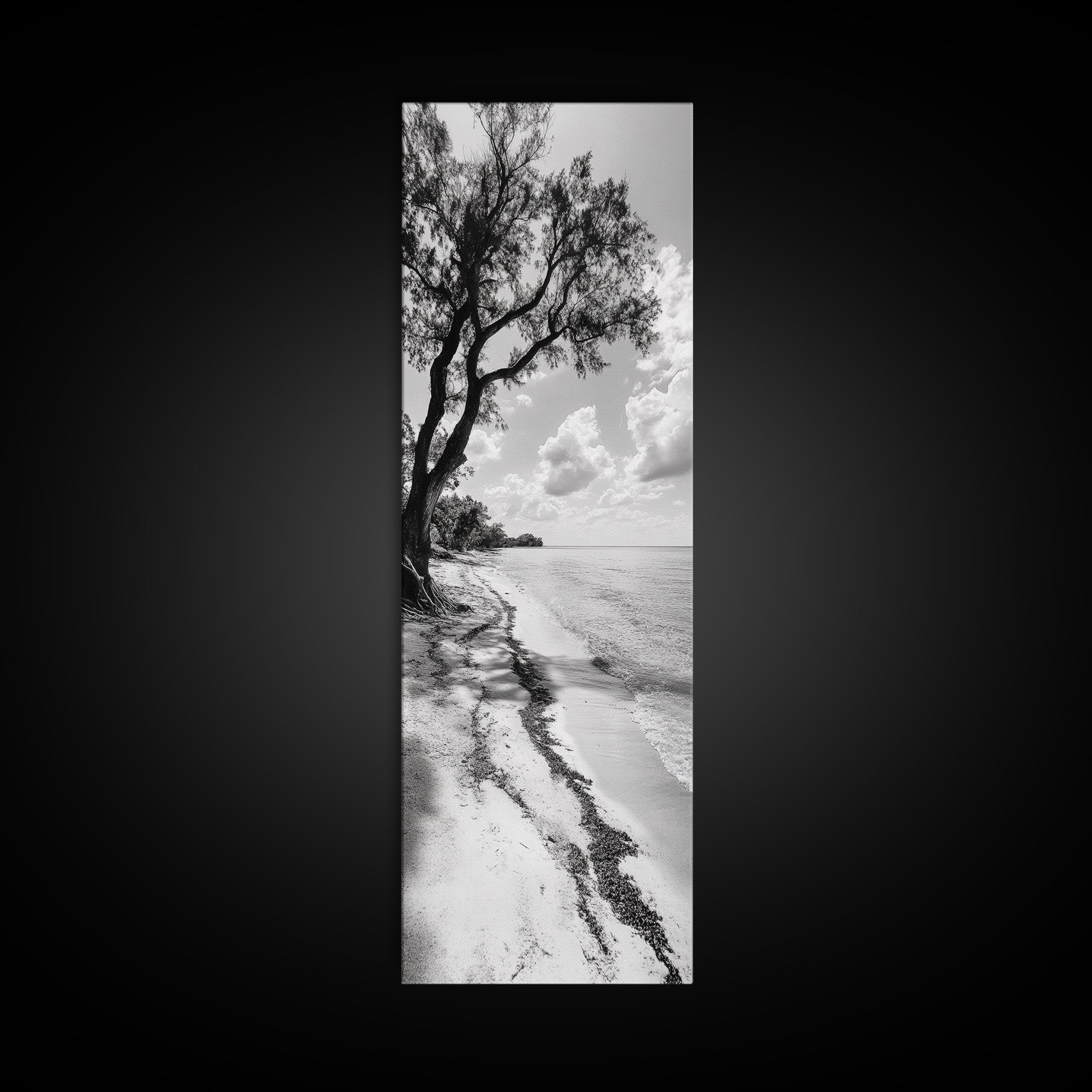 Serene Beach Tree, Calm Ocean Coast, Black White Shoreline, Framed Canvas Print, Coastal Entryway Decor, Minimal Nature Wall Art
