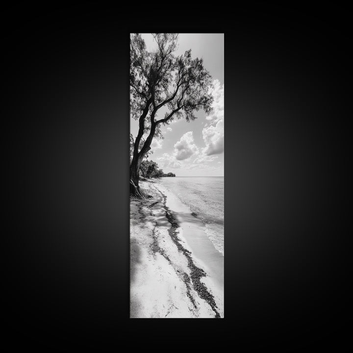 Serene Beach Tree, Calm Ocean Coast, Black White Shoreline, Framed Canvas Print, Coastal Entryway Decor, Minimal Nature Wall Art