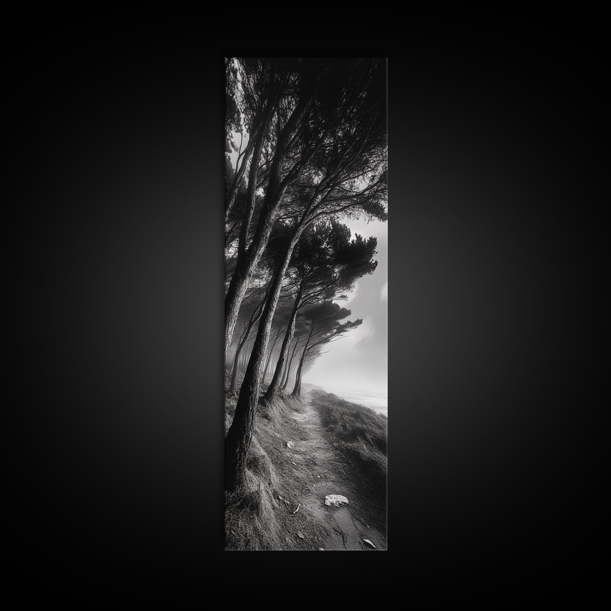 Windy Forest Trail, Dark Coastal Trees, Atmospheric Nature, Framed Canvas Print, Fall Living Room Wall Art, Moody Landscape Aesthetic