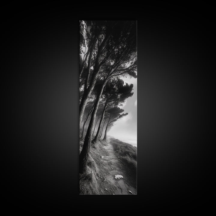 Windy Forest Trail, Dark Coastal Trees, Atmospheric Nature, Framed Canvas Print, Fall Living Room Wall Art, Moody Landscape Aesthetic