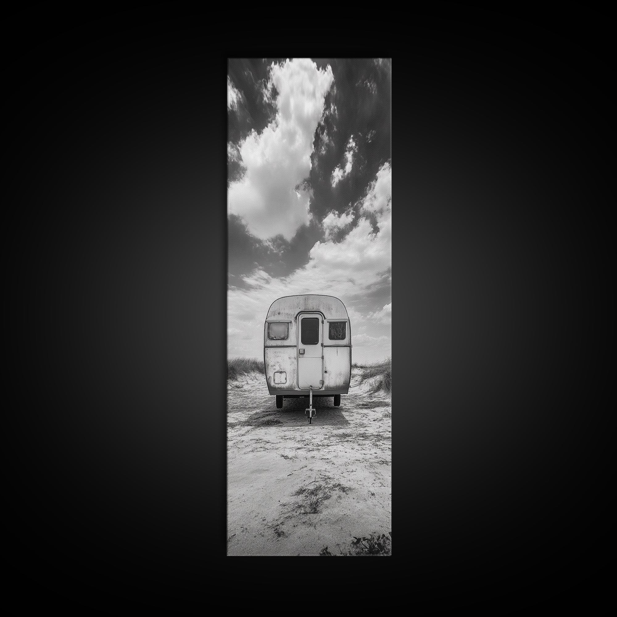 Vintage Camper, Cloudy Sky, Wanderlust Life, Desert Minimalism, Framed Canvas Print, Retro Travel Wall Art, Boho Bedroom Print, Office Art