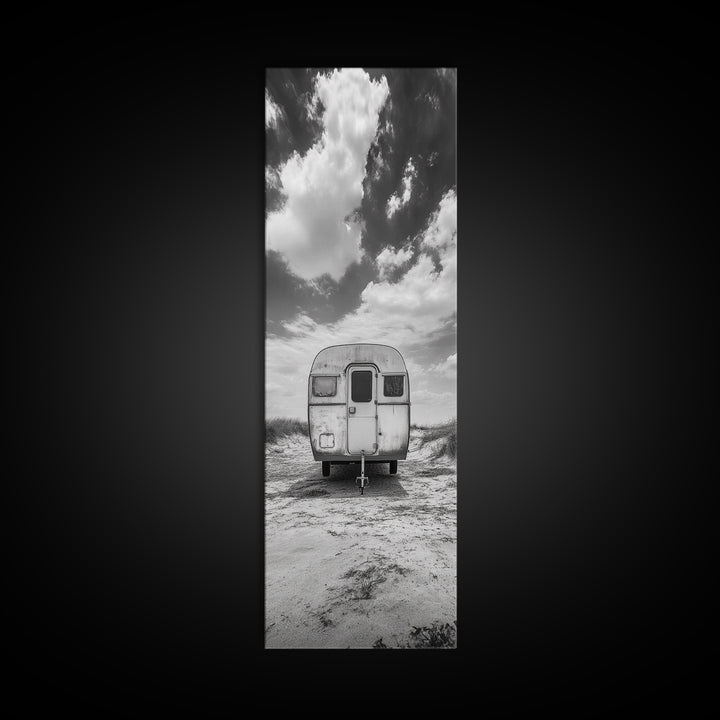Vintage Camper, Cloudy Sky, Wanderlust Life, Desert Minimalism, Framed Canvas Print, Retro Travel Wall Art, Boho Bedroom Print, Office Art
