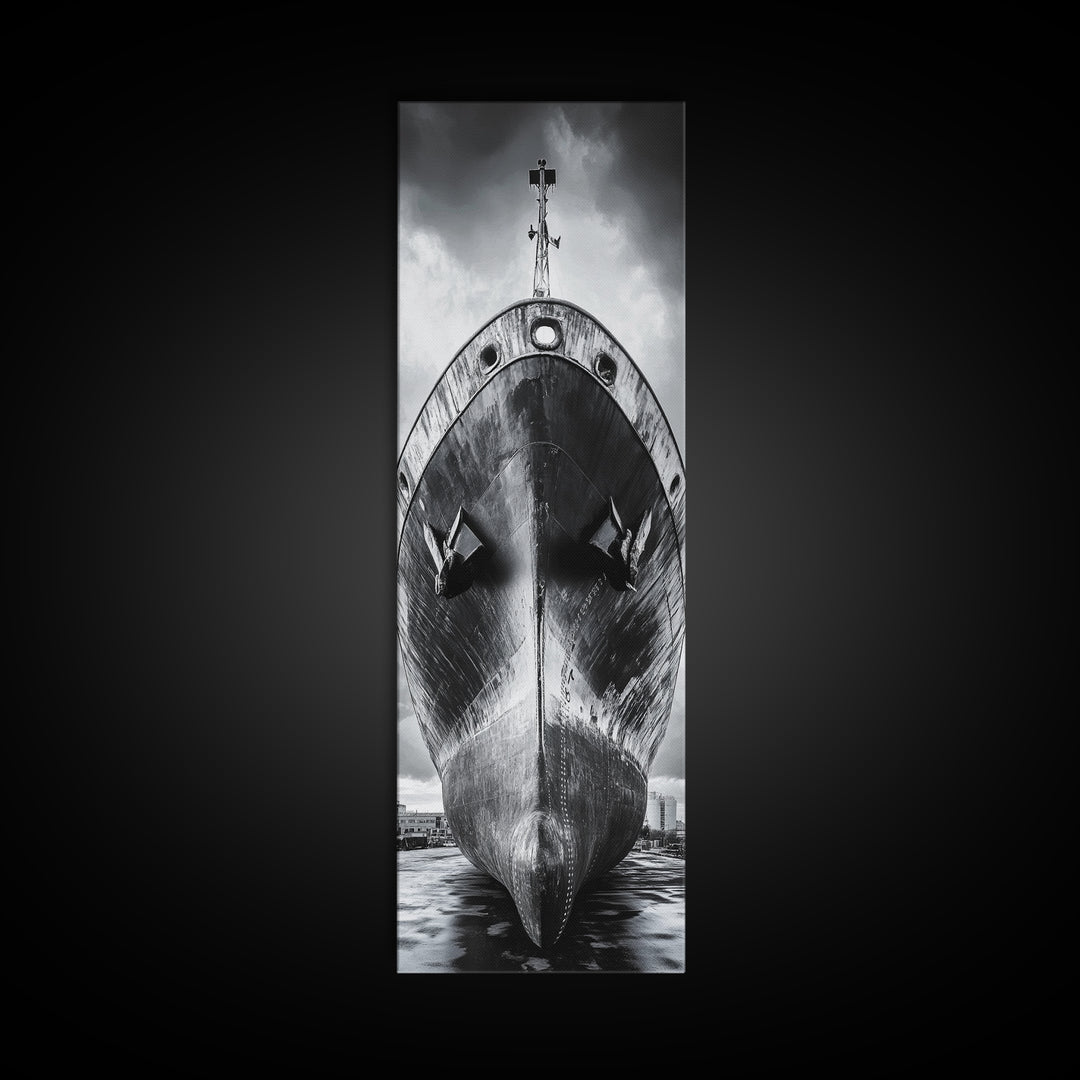 Industrial Ship, Black and White Boat, Urban Seascape, Moody Harbor, Canvas Print, Nautical Wall Art, Man Cave Art, Office Decor