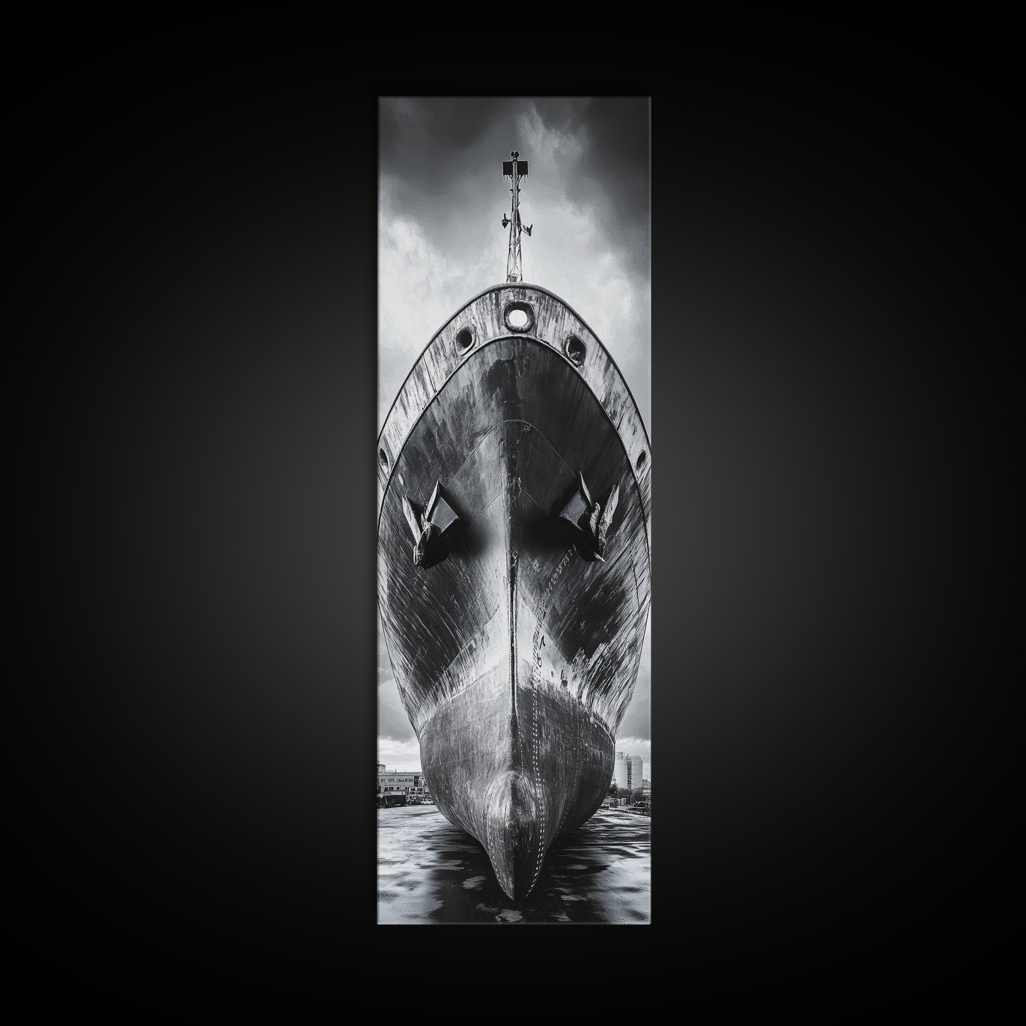 Industrial Ship, Black and White Boat, Urban Seascape, Moody Harbor, Canvas Print, Nautical Wall Art, Man Cave Art, Office Decor