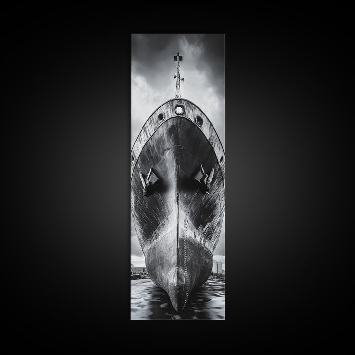 Industrial Ship, Black and White Boat, Urban Seascape, Moody Harbor, Canvas Print, Nautical Wall Art, Man Cave Art, Office Decor
