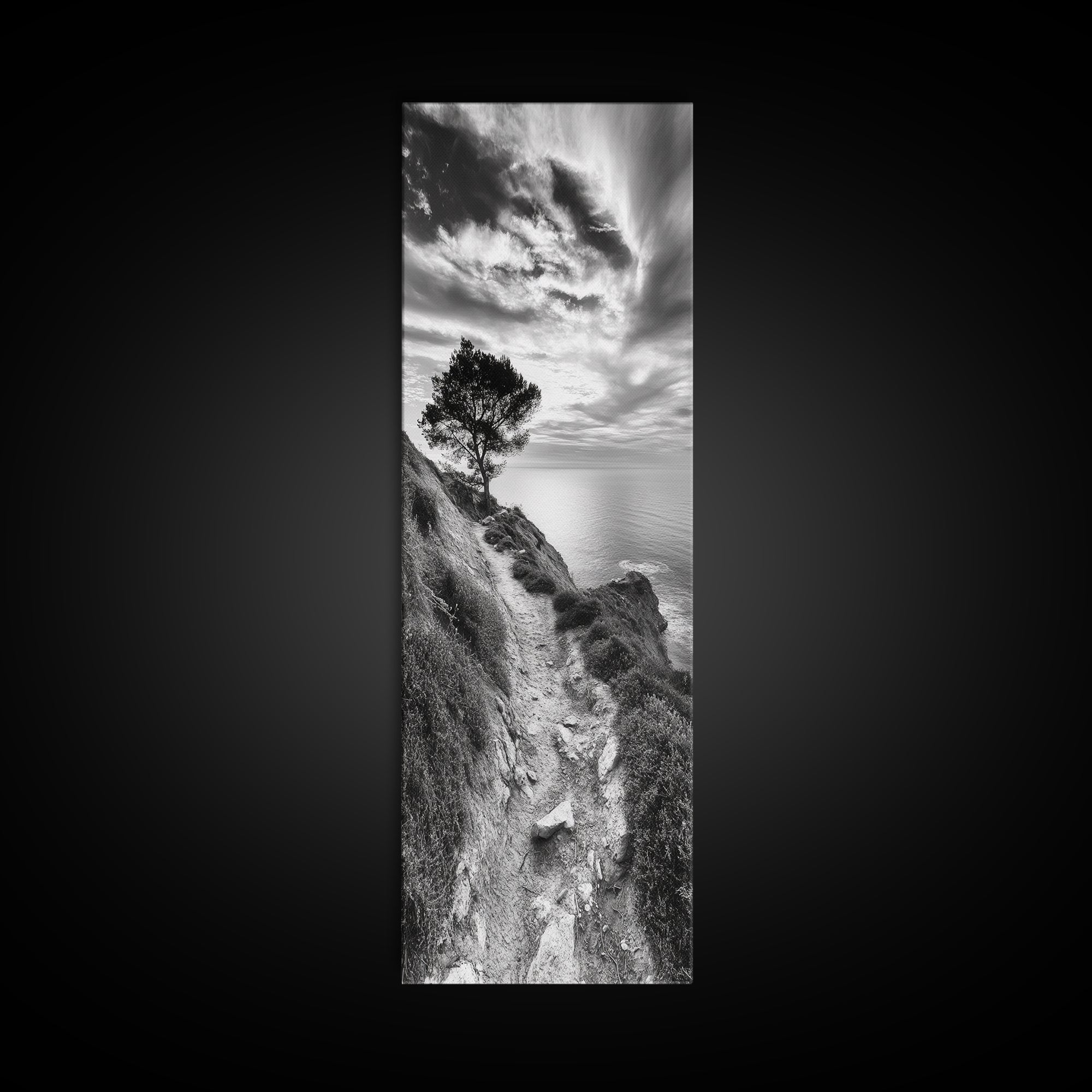 Cliffside Tree, Coastal Path, Nature Landscape, Canvas Print, Monochrome Hiking Trail Art, Boho Entryway or Office Wall Decor