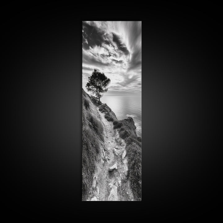 Cliffside Tree, Coastal Path, Nature Landscape, Canvas Print, Monochrome Hiking Trail Art, Boho Entryway or Office Wall Decor